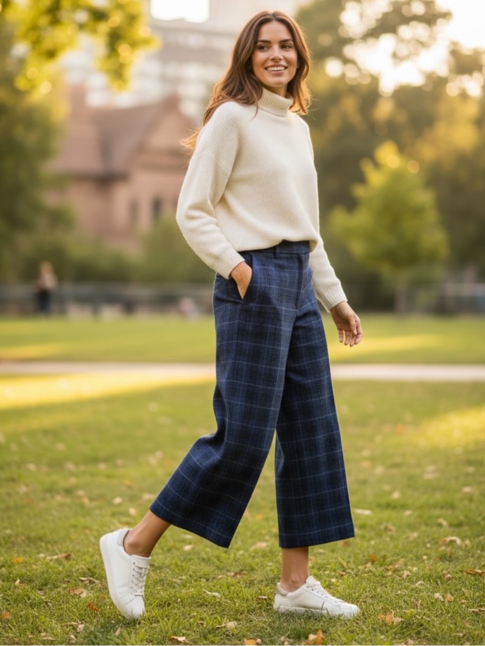 Veronica Beard Navy Plaid Cropped Wide-Leg Pants